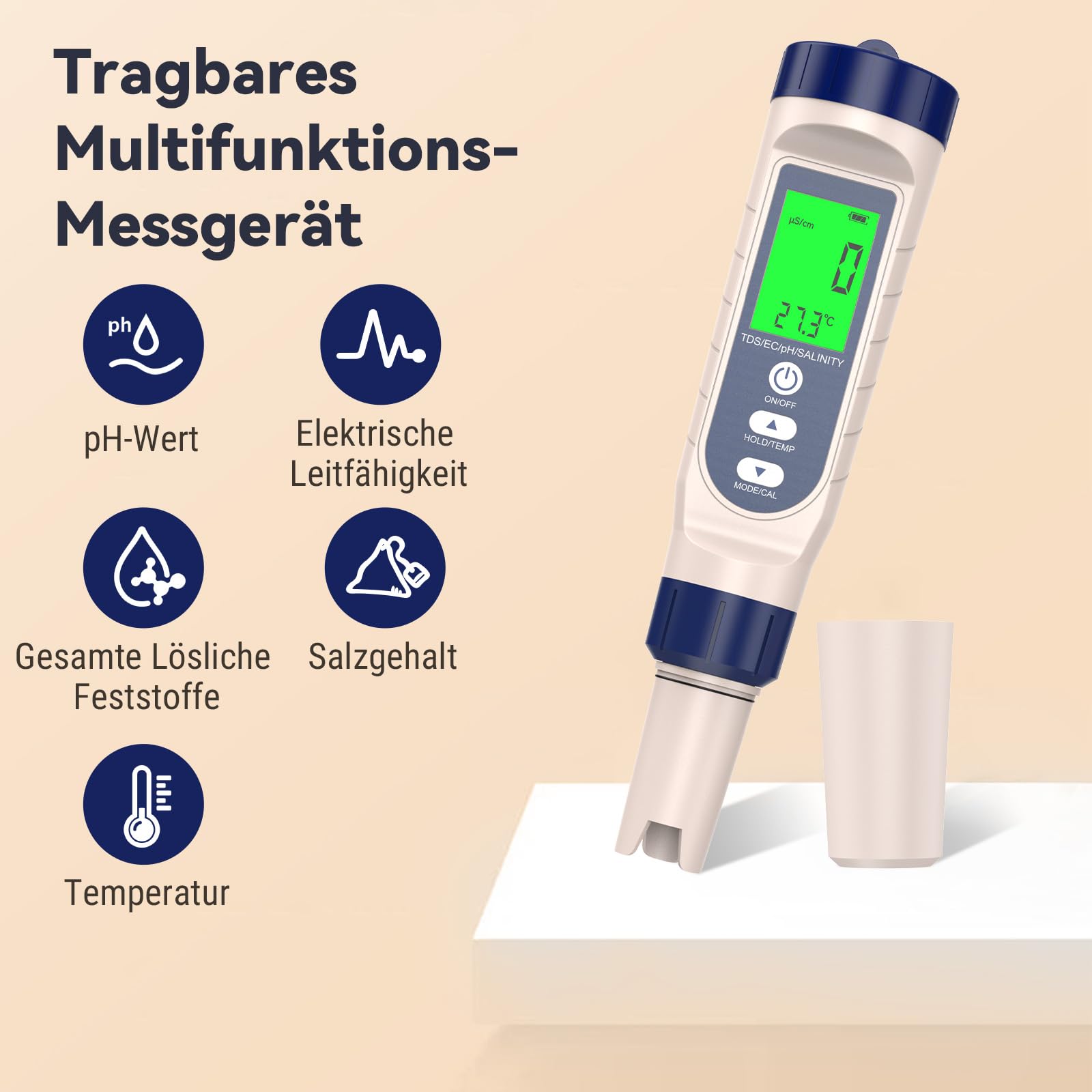 PH Messgerät Hochpräzision (± 0.01), 5 in 1 PH/TDS/EC/Salzgehalt/Thermometer, pH Wert Messgerät Pool mit Blau Hinterleuchtetem LCD-Display & Automatischer Temperaturkompensation