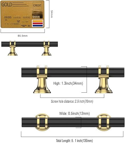 Miniatura 6 de Amerdeco ZH0058 - Paquete de 10 tiradores de gabinete negro y dorado mate de 3 pulgadas (2.992 in) entre los centros de los agujeros de los