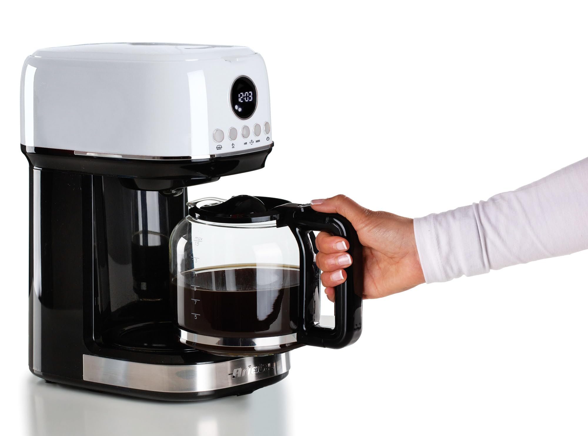 Ariete 1396, Macchina da Caffè Espresso con Macinacaffè Moderna, Caffè Buono come al Bar, Filtro 1 e 2 Tazze, Dispositivo Maxi Cappuccino, Spegnimento Automatico, Macinacaffè con Capacità 250g, Bianco