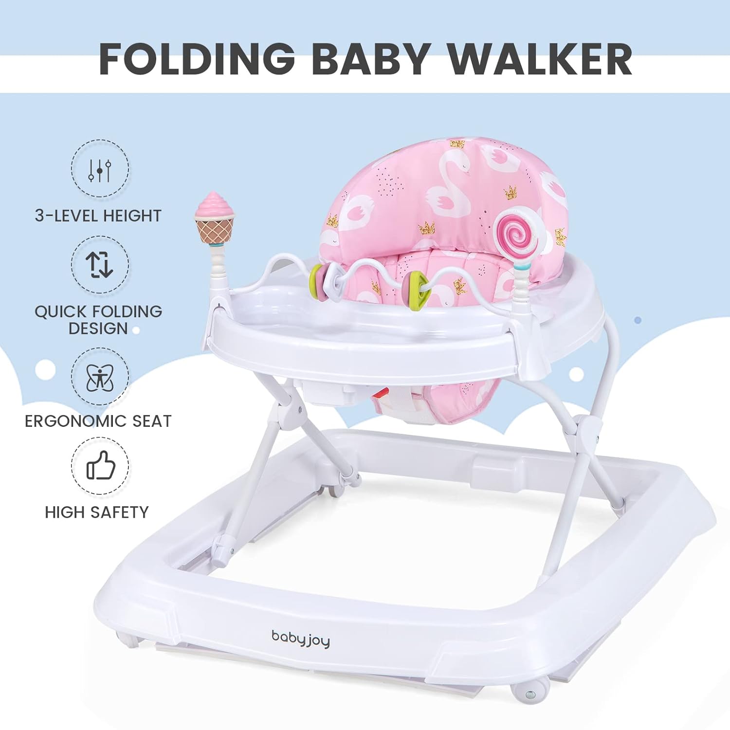 BABY JOY Baby Walker, Foldable Activity Walker with Adjustable Height, Large Tray & Removable Toys, Baby Walker with Wheels for Boys Girls 6-18 Months (Pink, Swan Pattern)