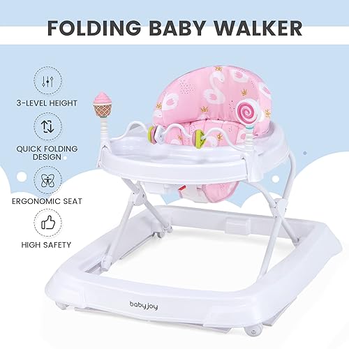 Miniatura 7 de BABY JOY Andador para bebés, ayudante plegable para actividades con altura ajustable, caminador de actividades para bebés con asiento acolchado de