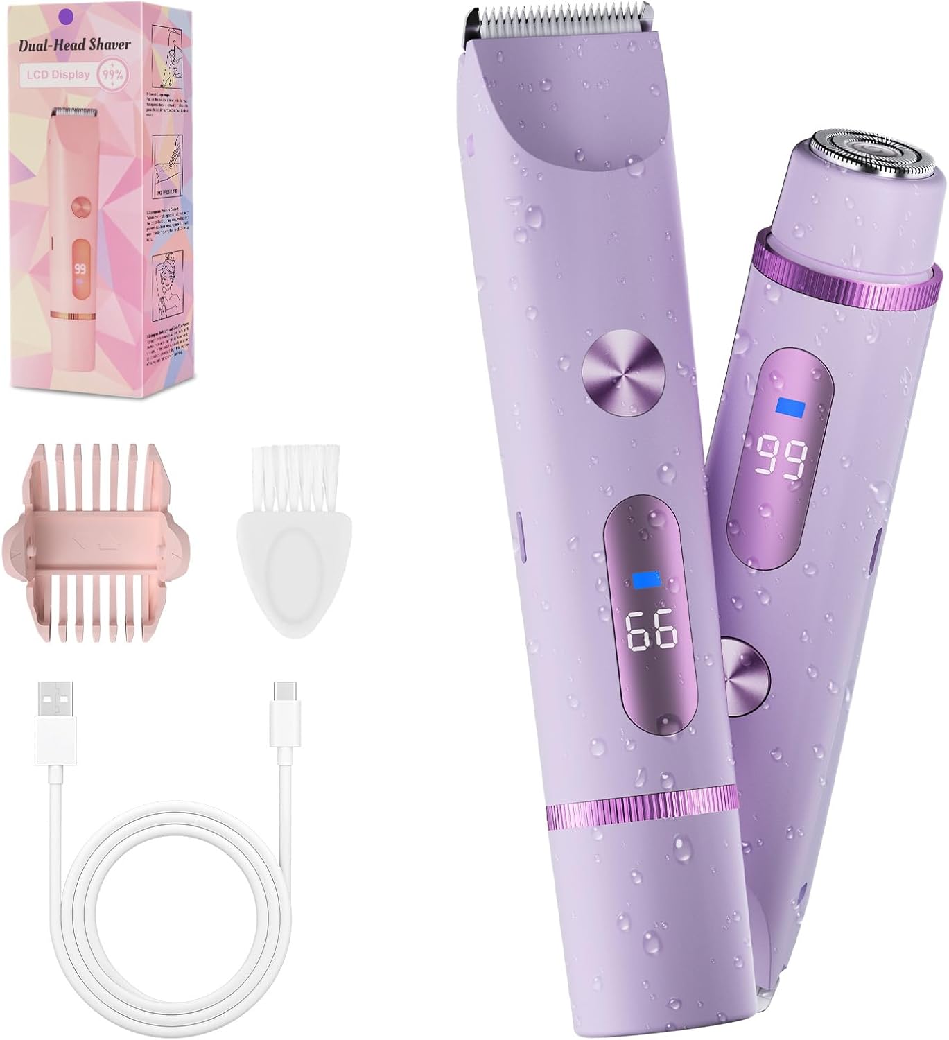 2-in-1 Bikini Trimmer for Women, Bikini Shaver with Dual Heads, Body and Facial Hair Removal, Cordless Rechargeable Electric Razors for Face Chin Pubic Underarm Legs, IPX7 Waterproof, Purple