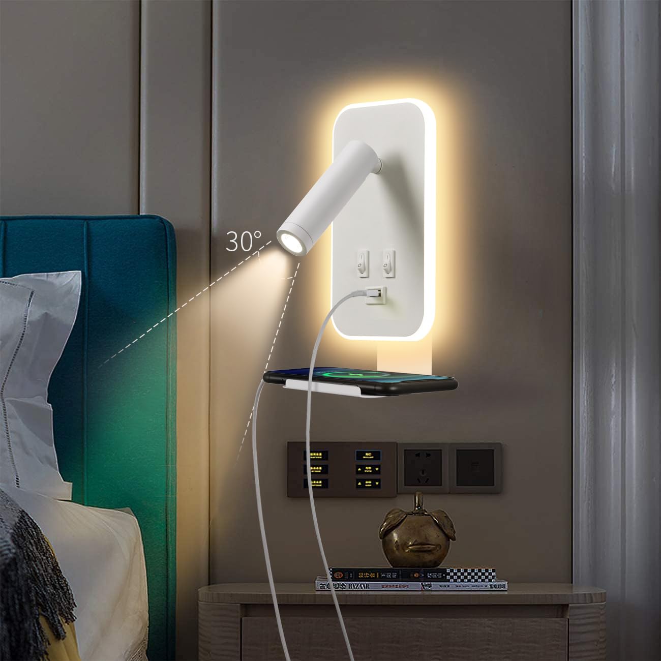Lampada da Parete a LED, Lampada da Lettura da Comodino, Con porta di ricarica USB e vassoio per telefono, Faretto Regolabile con Luce Ambientale per Camera da Letto (3W 3100K+9W 6000K) Bianco