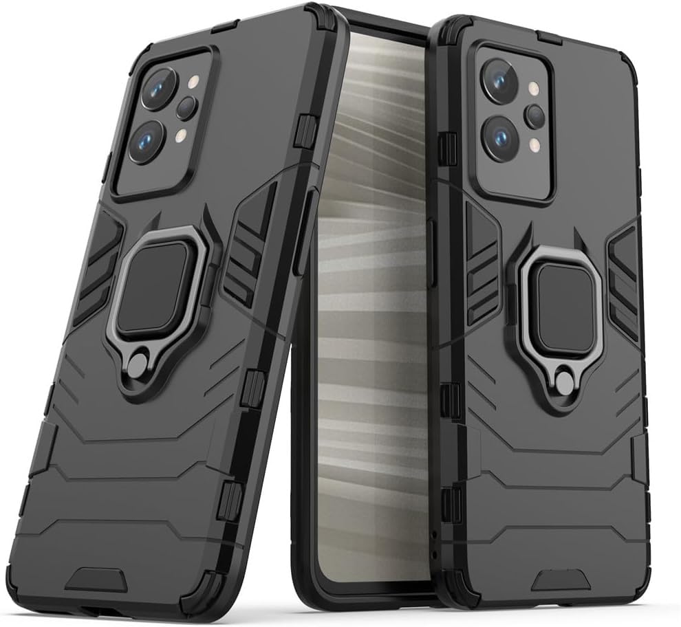 Image of Robot Shockproof Soft TPU and Hard PC Back Cover with Ring Case for Realme GT 2 Pro 5G - Black
