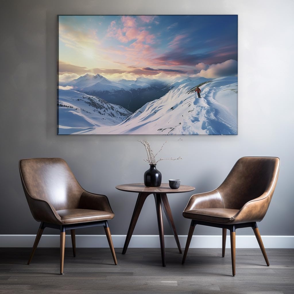 Canvas for Living room. Conquering the Snow-Capped Mountain Majesty in a Crimson Cloak, 27 x 18 inch Canvas Wall Art - Surrealistic Visions - Modern Home Decor