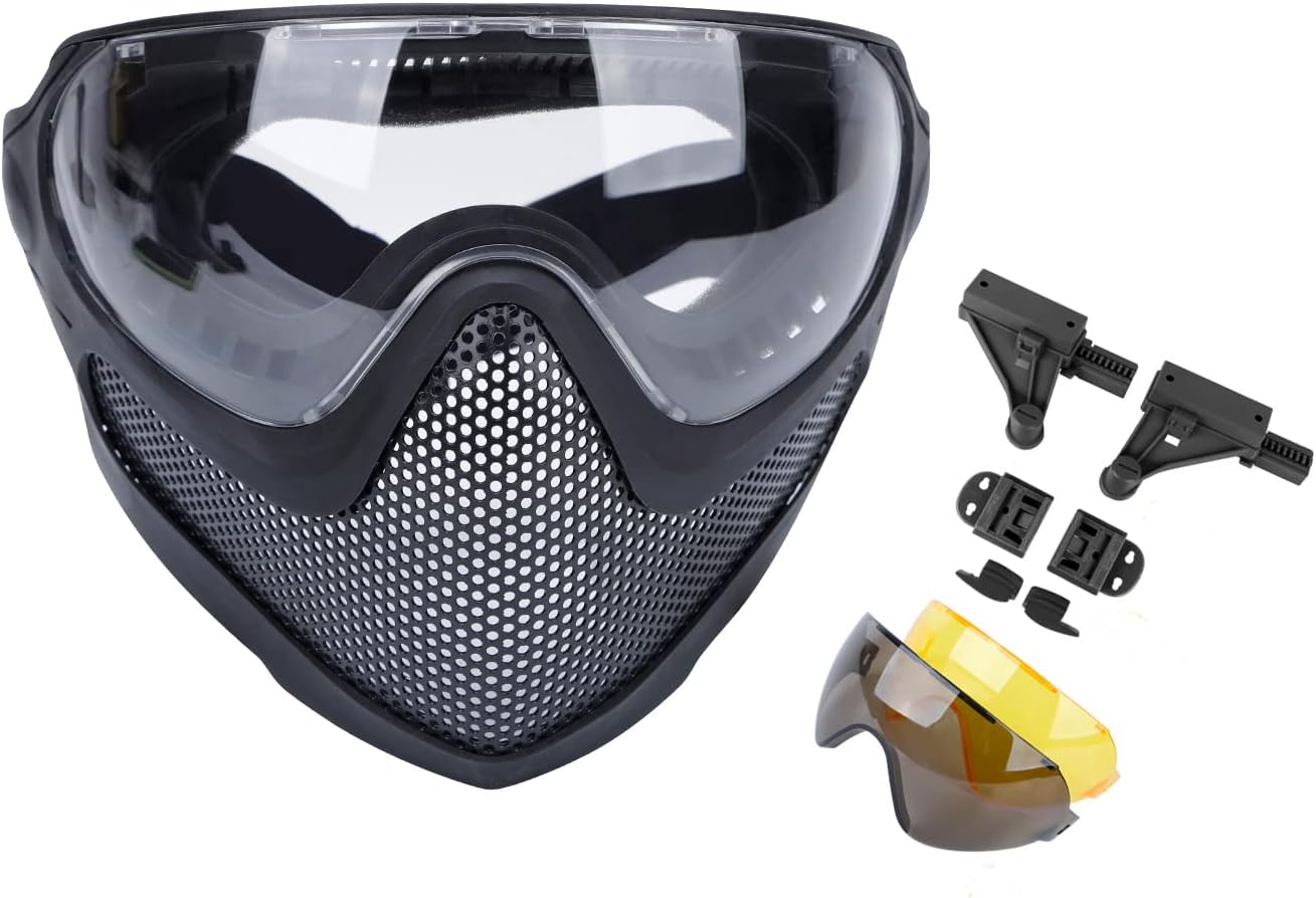 Dual-Mode Airsoft Paintball Mask Full Face Steel Mesh Mask with 3 Interchangable Lens Goggles, Fast Tactical Helmet Accessories
