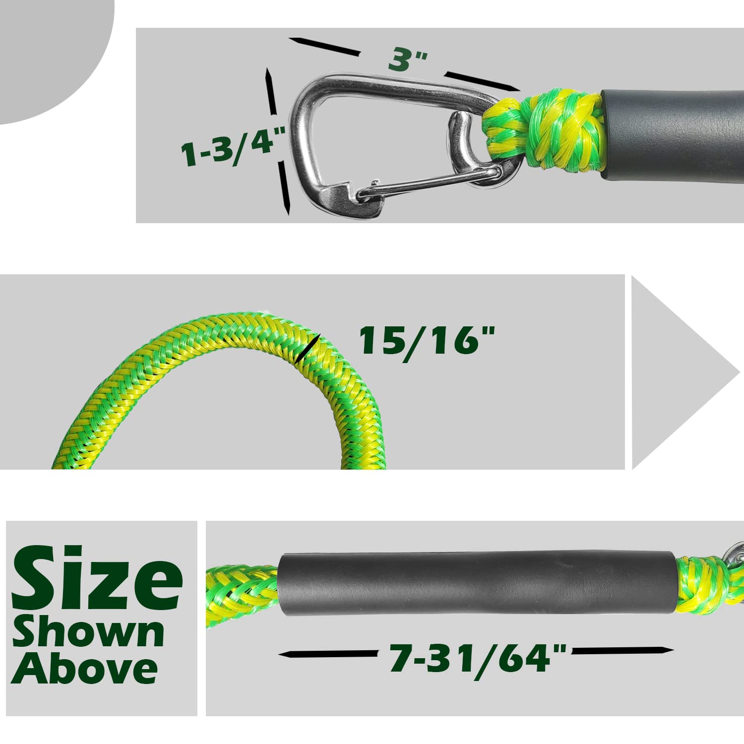 Set di 2 corde elastiche verdi e gialle con doppi ganci e tubi galleggianti, ad alta visibilità, per moto d'acqua, pontone, kayak, da 1,2 m a 1,7 m, acciaio inossidabile 316, ammortizzanti