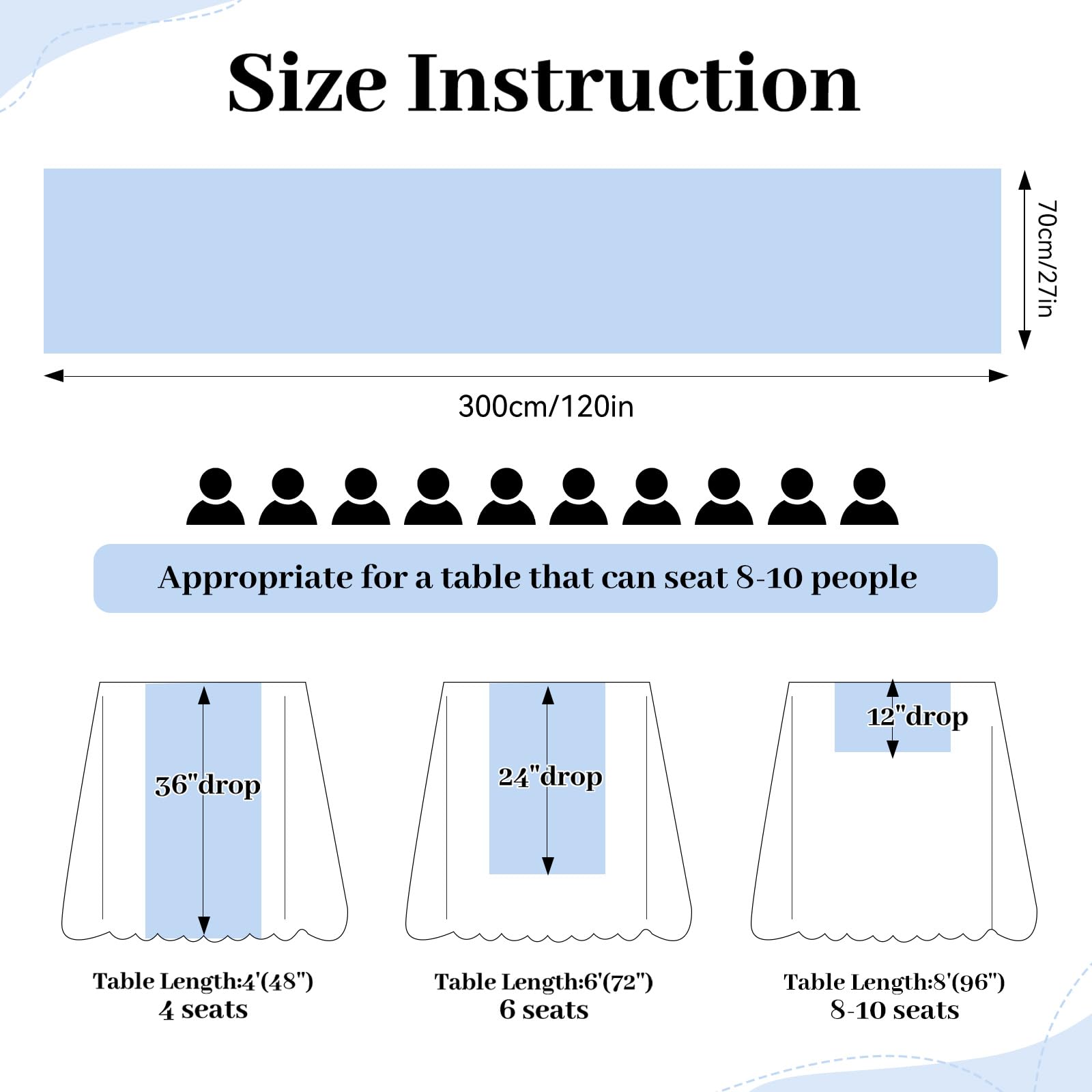 Chiffon-Tischläufer, 3 m, Blau, durchscheinend, rustikal, Hochzeits-Tischläufer, elegante Brautparty-Dekorationen, 68 x 305 cm, 10 Stück