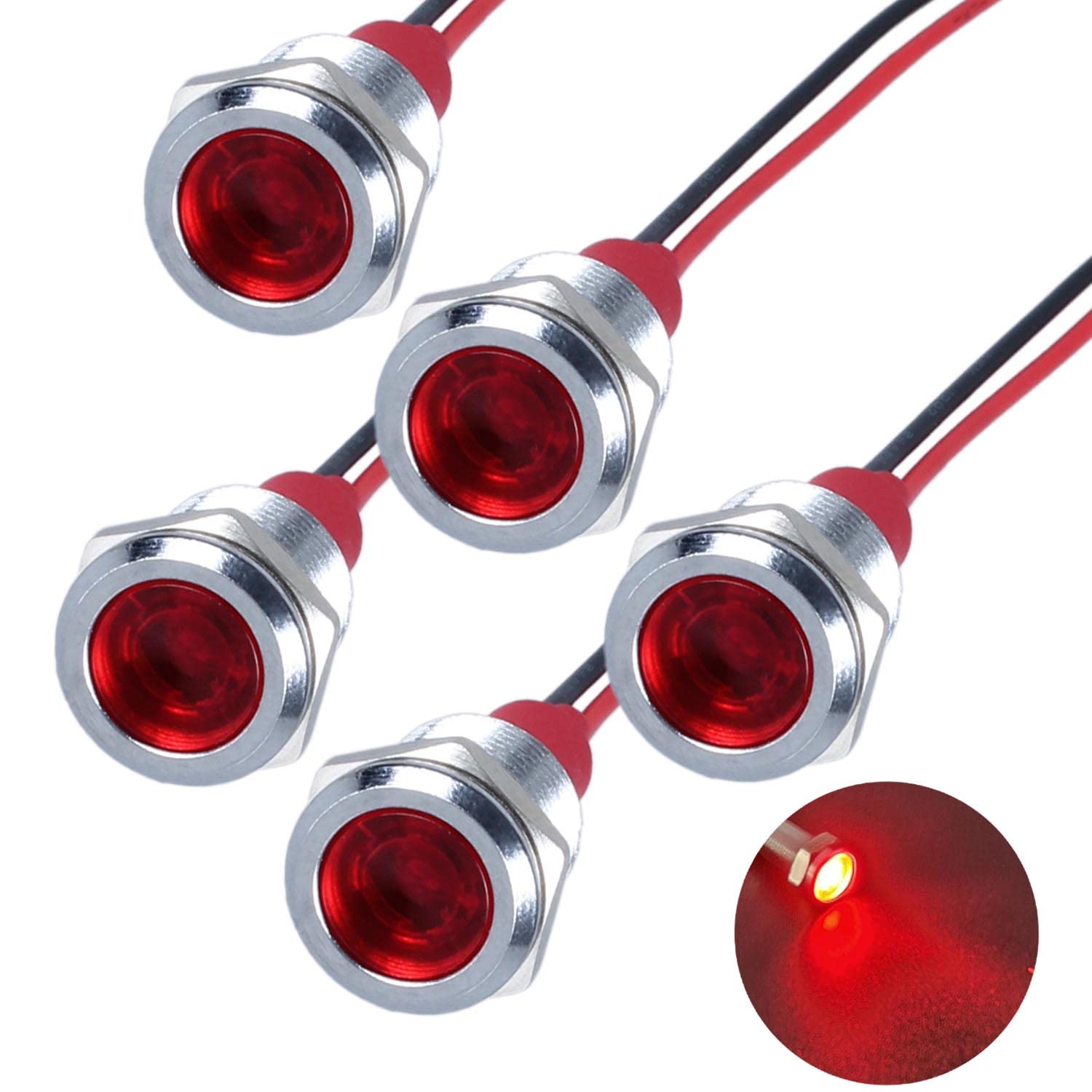 DMWD 5Pcs 12V-24V Energy Saving LED Indicator Light Mounting Hole 12mm (0.47") 20mA Waterproof Wide Flat Head Signal Lamp Pilot Dash Directional with Wire （Red LED）
