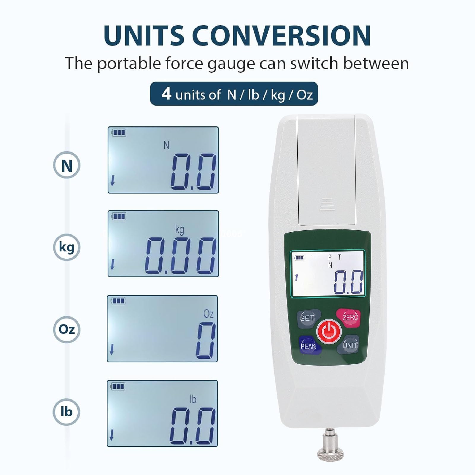 Dinamómetro Digital, Medidor de Fuerza 100N/10kg Capacidad con Función peaks, 4 Unidades Conversión, Alarma Límite para Industria, Laboratorio & Control Calidad - Incluye 6