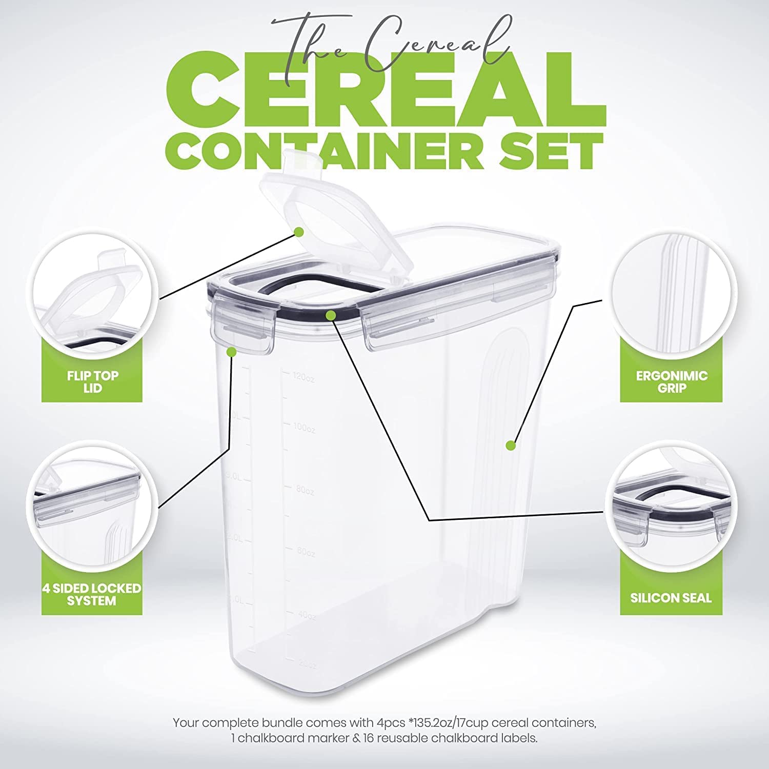 KICHLY Contenitore per cereali (Set di 6) - Plastica senza BPA - Contenitori ermetici per la cucina - Conservazione degli alimenti secchi – Contenitori cucina per l'organizzazione della dispensa
