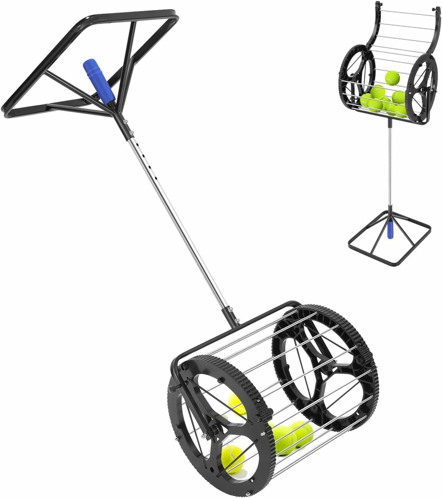 Raccoglitore automatico di palline da tennis – Capacità 80 palline, cestino da tennis 2 in 1 con altezza regolabile, raccogli palline portatile per palestra, campo o scuola