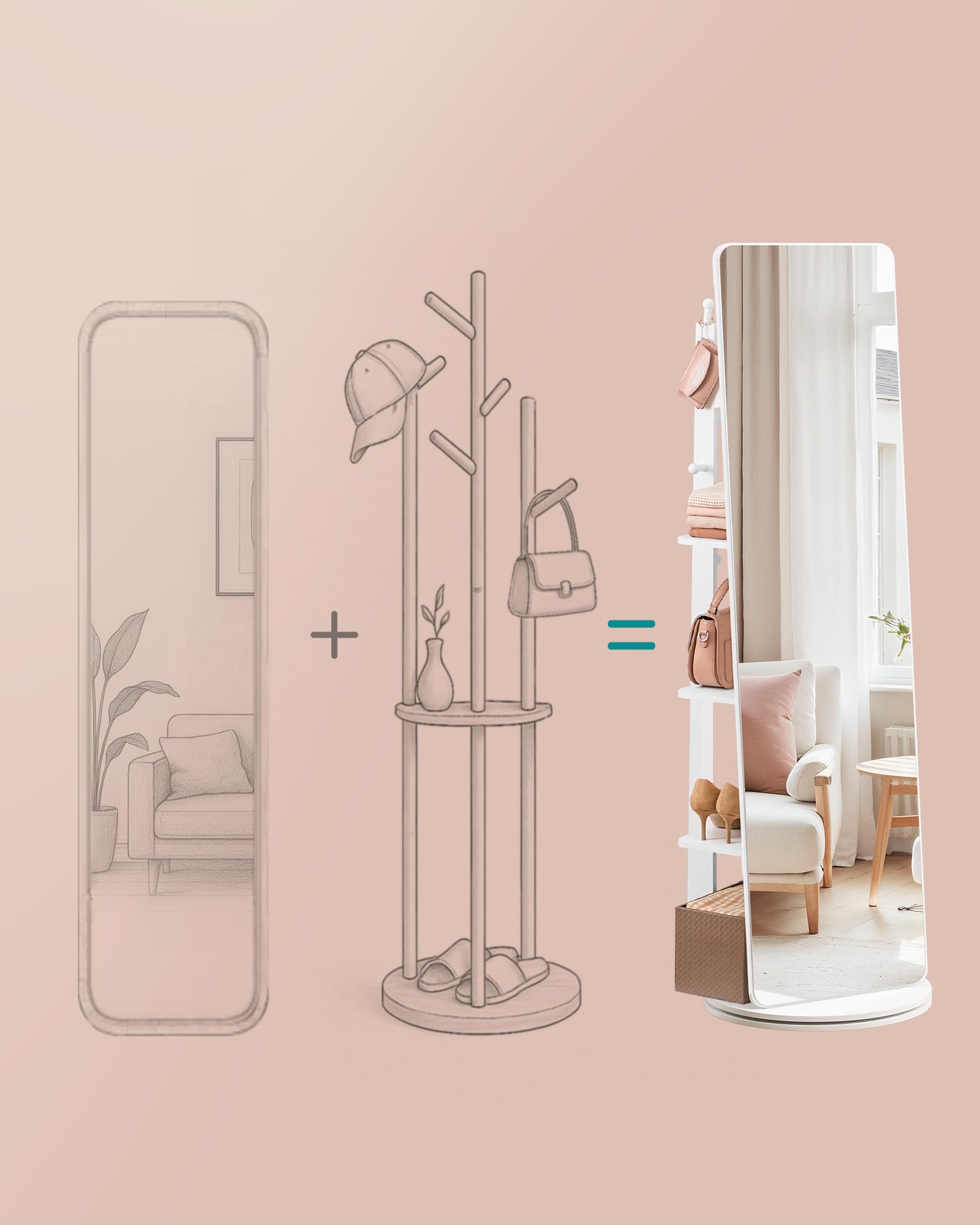 SONGMICS Lustro pełnowymiarowe, stojące, obrotowe 360°, 163 x 45 cm, z podstawą, półkami i haczykami, przezroczyste szkło hartowane, do sypialni, salonu, na Boże Narodzenie, białe chmurki LFM036W01