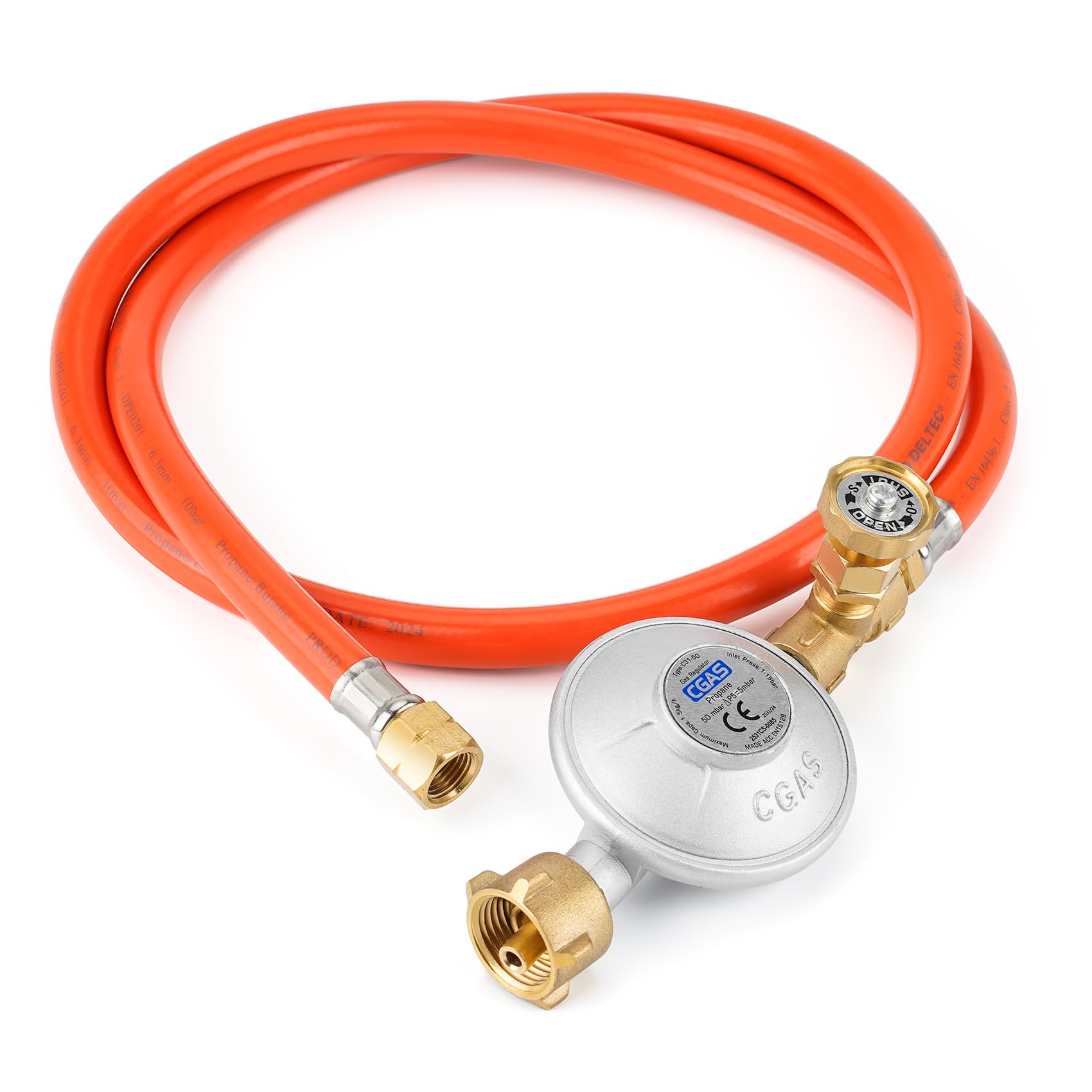 onlyfire Gasdruckregler für Gasflaschen, Ausgangsgewinde G1/4"-LH, 50mbar, Gasregler Druckminderer für Camping Gasgrill, Gasdruckminderer mit Verstellbarem Schalter und Gasschlauch 120cm