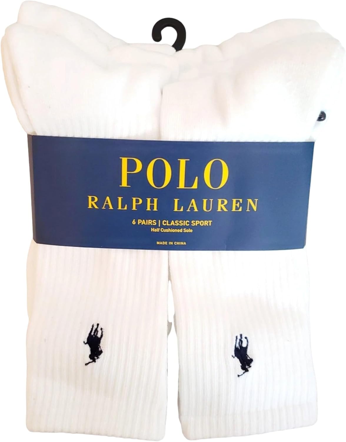 POLO RALPH LAUREN Men's Classic Sport Ribbed Crew Socks, 6 Pack Pair, White w/Navy Blue Pony Logo, Half Cushioned Sole, Size 10-13 / Shoe 6-12.5, Recycled Polyester/Spandex, ZP821005PK6N-WHNAV
