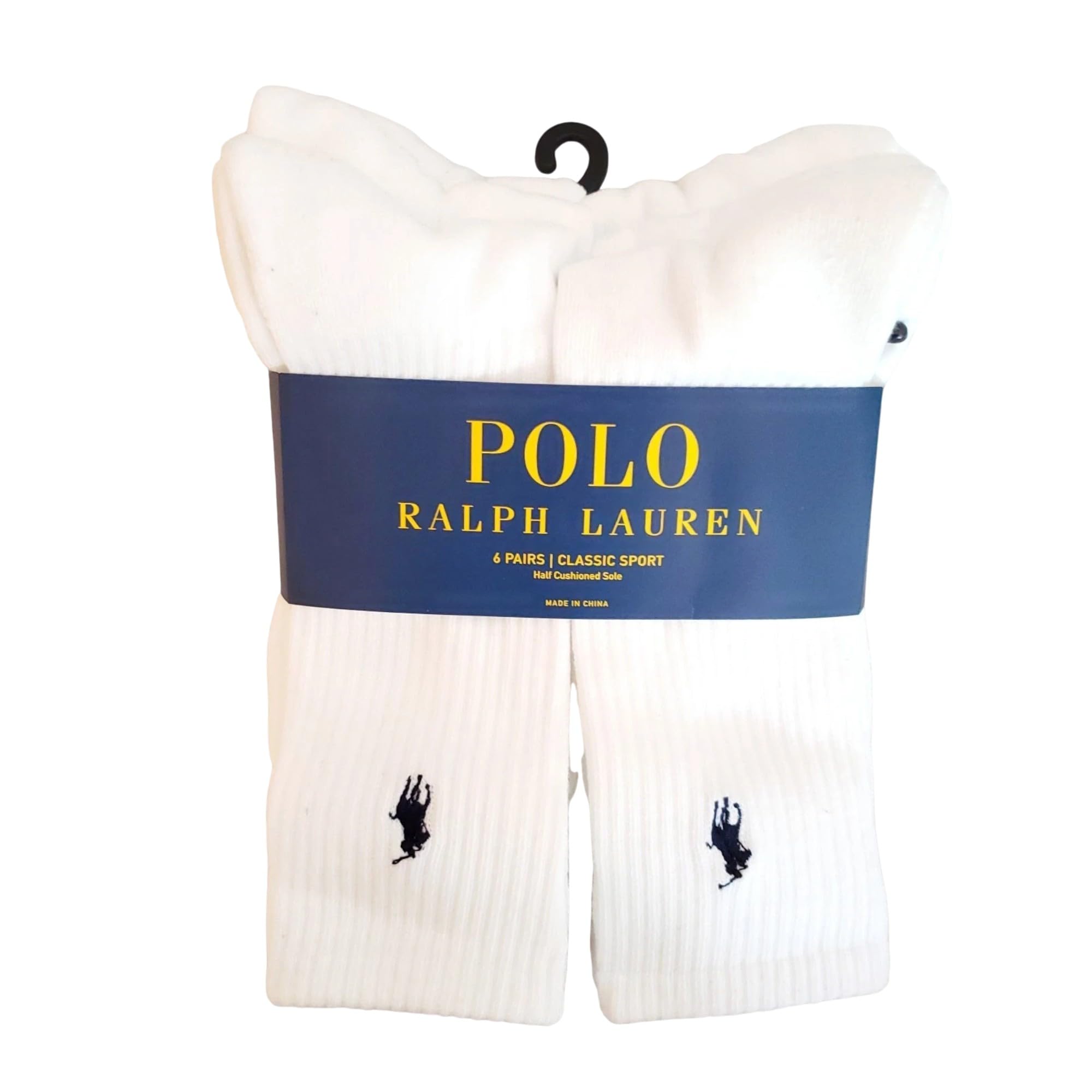 POLO RALPH LAUREN Herren Classic Sport Gerippte Crew-Socken, 6er-Pack, Weiß mit marineblauem Pony-Logo, halb gepolsterte Sohle, Größe 44-47/Schuh 39-47, recyceltes Polyester/Spandex
