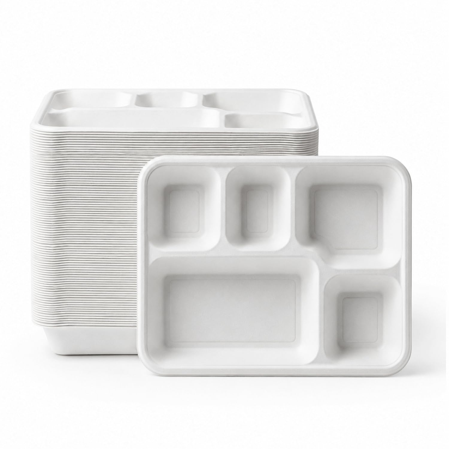 Bonkaso 5 Compartment Bagasse Square Meal Tray Pack of 100 | Disposable Sugarcane Plates | Eco-Friendly & Plastic-Free | Heavy Duty, Microwave Safe Food Serving Trays for Parties, Events & Catering