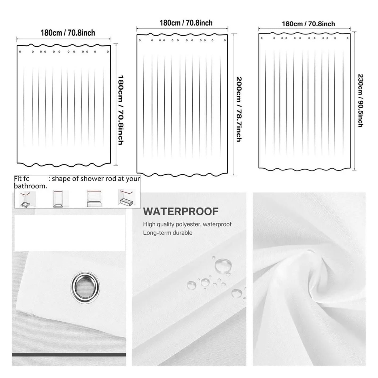 Cortina de ducha impermeable de 180 x 230 cm, tela gruesa, calidad hotelera, color blanco, ideal para bañera, resistente al moho, diseño elegante, cubierta de privacidad, duradera y elegante