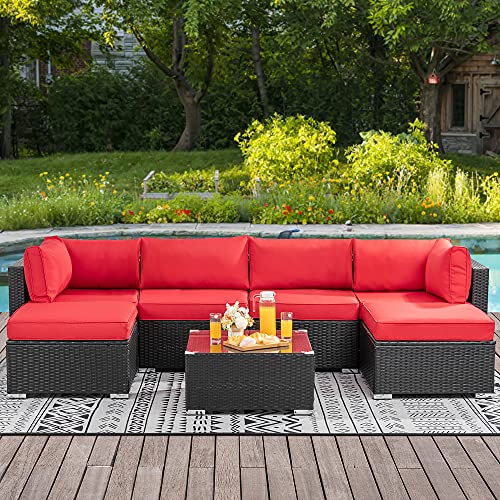 Walsunny 7 Pieces Patio Outdoor Furniture Sets,Low Back All-Weather Black Rattan Sectional Sofa with Tea Table&Washable Couch Cushions &Ottoman, Red