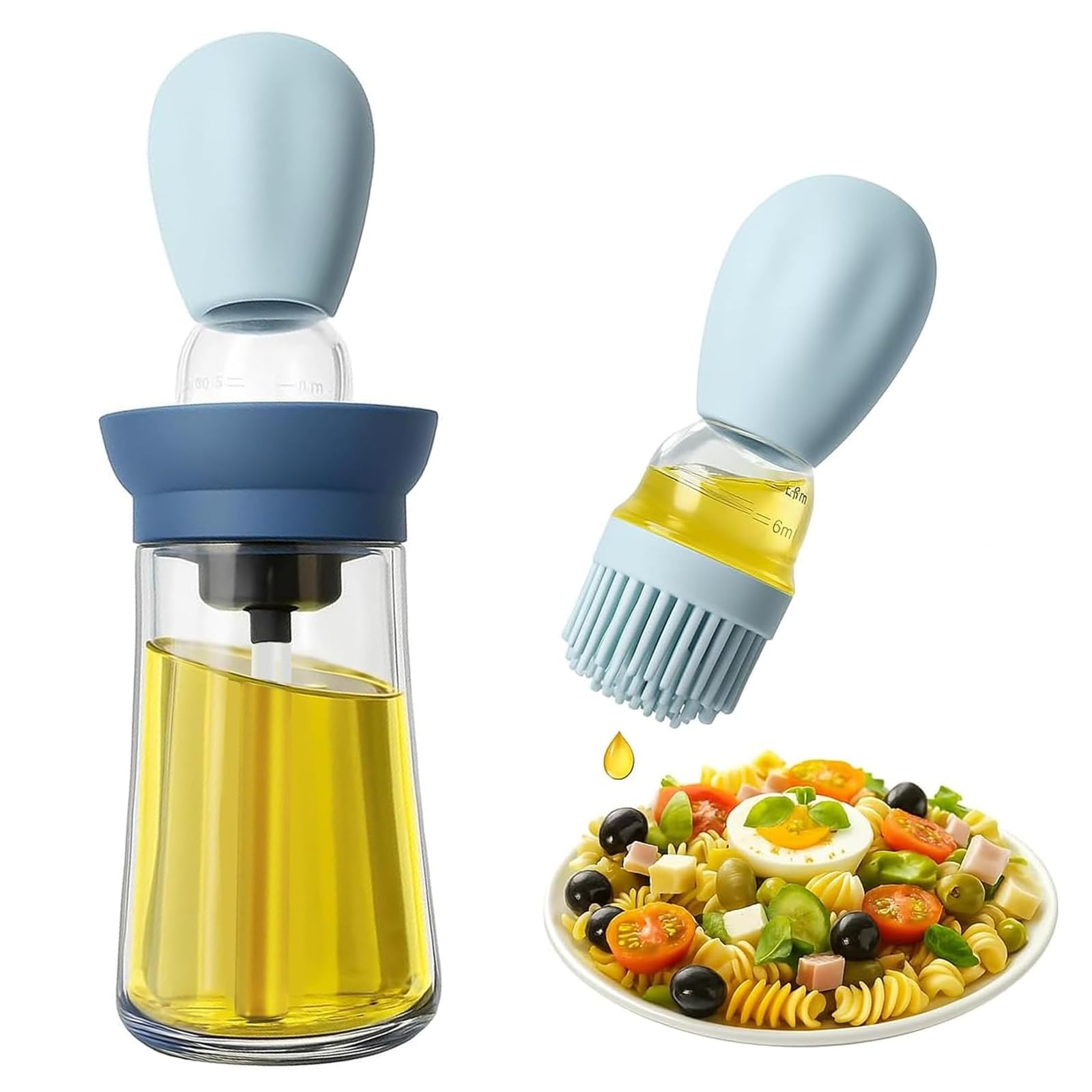 Oiieco Oil Dispenser Bottle with Silicone Brush, 180ml 2 in 1 Oil Dispenser Bottle with Silicone Brush for Cooking, Baking, BBQ, Frying, Vinegar and Sauces, Easy Control and Refillable (Blue)