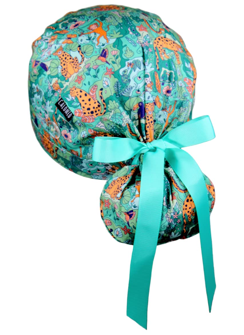 Scrub Cap for Women and Men, Ponytail Scrub Caps, Working Hat, Head Cover with Ribbon Ties and Buttons, Long Hair