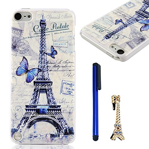 iPod Touch 6 Case, Touch 5 Case, MOLLYCOOCLE PC Cover White Phone Back Skin Shell with Blue Butterfly Eiffel Tower Pattern Hard PC Cover Case for iPod Touch 5 6 with Eiffel Tower Shaped Anti-dust Plug