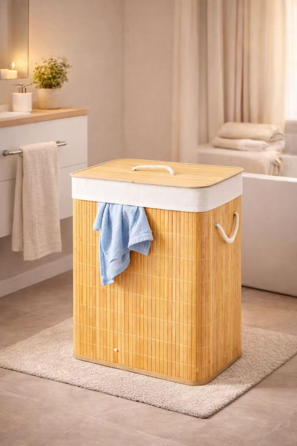 Cesto Para Ropa Sucia, Pongotodo con Tapa Separada Individualmente y Asas, Bolsa Lavable Extraíble, Cesta de Bambú Para Ropa (Retangular)