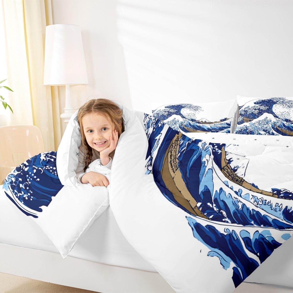 Feelyou Japanese Hokusai Comforter Set Kids Exotic Ocean Wave Comforter for Boys Girls Bedding Set Traditional Fuji Mountain Duvet Set Room Decor Quilt Twin Size Boys