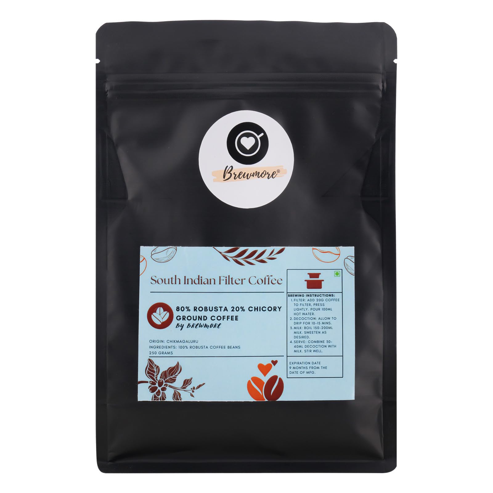 BrewMore Traditional South Indian Filter Coffee Powder - 250gm Pouch | 80% Robusta - 20% Chicory | Freshly Roasted Ground Coffee | Premium Filter Coffee Powder | Pack of 1