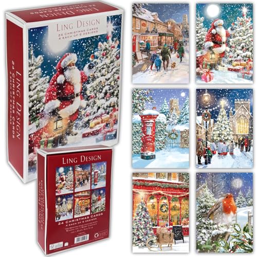 Ling Design Premium Box of 24 Assorted Christmas and Happy New year Cards - 4 Each of 6 Designs - Great British Card Company (Classic Selection)