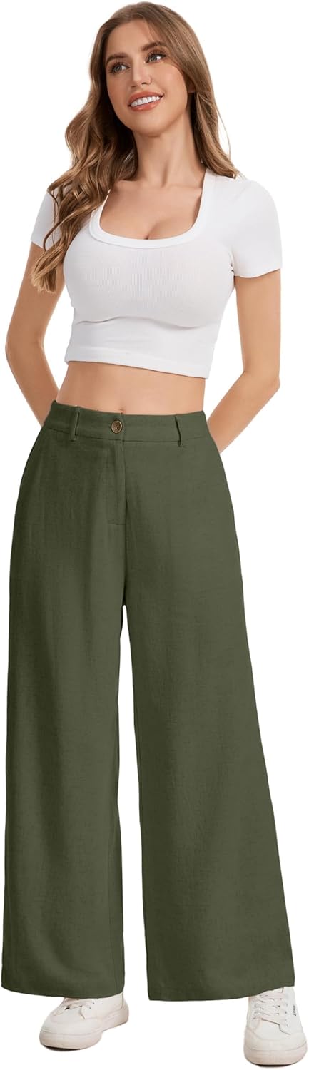 Womens Linen Wide Leg Pants Casual Zipper Front Summer Cropped Trousers Dressy Pants with Pockets - Image 2