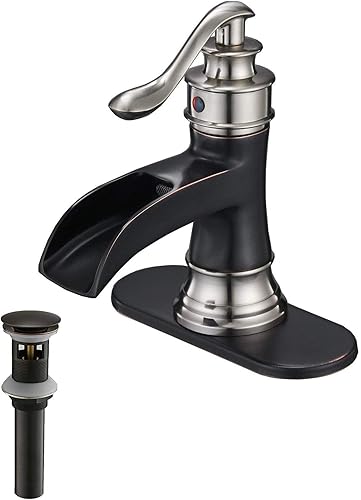 Homevacious Grifo de baño de níquel cepillado con cascada de bronce aceitado con una sola manija grifo de lavabo de un solo orificio con línea de