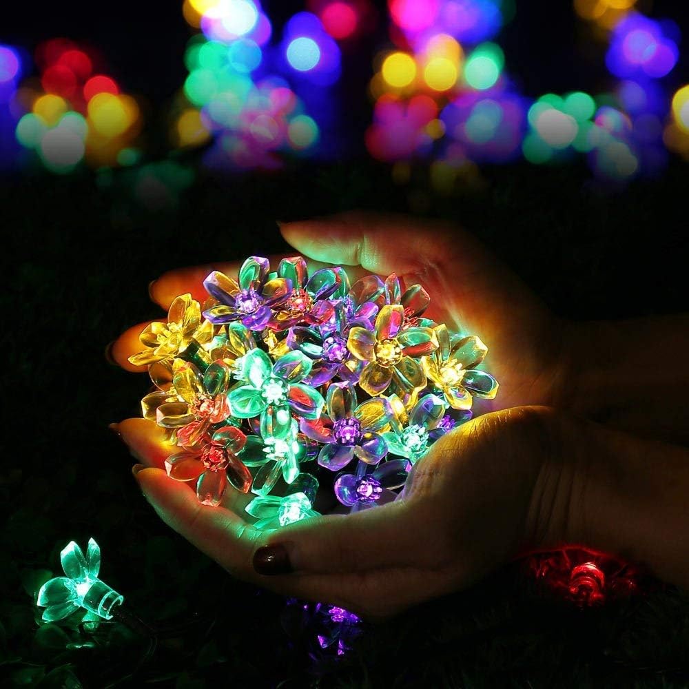 Joomer Outdoor Solar String Lights, Flower String Lights, 50LED Cherry Blossoms String Light 8 Modes Memory Function Waterproof for Garden, Patio, Fence, Yard, Outdoor Decor (Multicolor)
