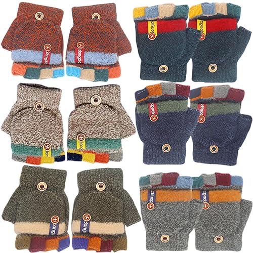 Lomodo 6 Pairs Knitted Convertible Fingerless Gloves Mittens, Flip Top, Warm Winter Gloves for Boys Girls