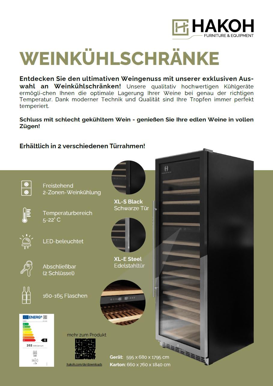 2 Zonen HAKOH Weinkühlschrank XL-E Flaschenkühlschrank 160-165 Weinflaschen Edelstahltür
