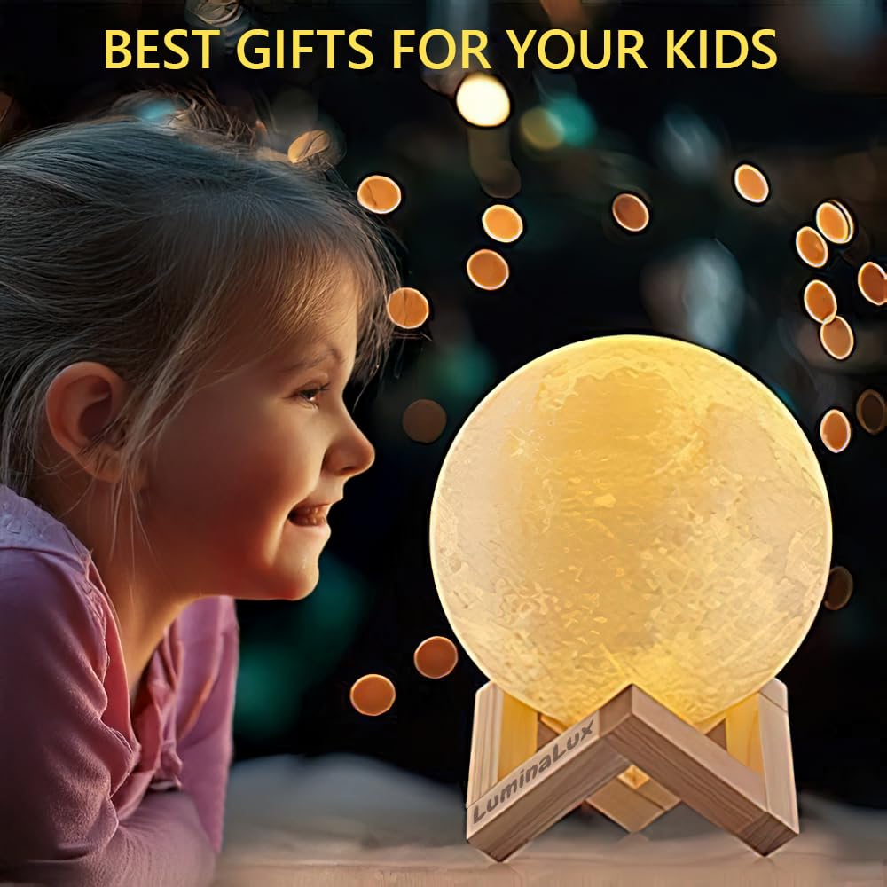 LuminaLux Moon Lamp 2025 3D Printing Night Light 16 Colors RGB LED with Wooden Stand Remote & Touch Control Dimmable USB Rechargeable Gift for Bedroom Living Room - Image 2