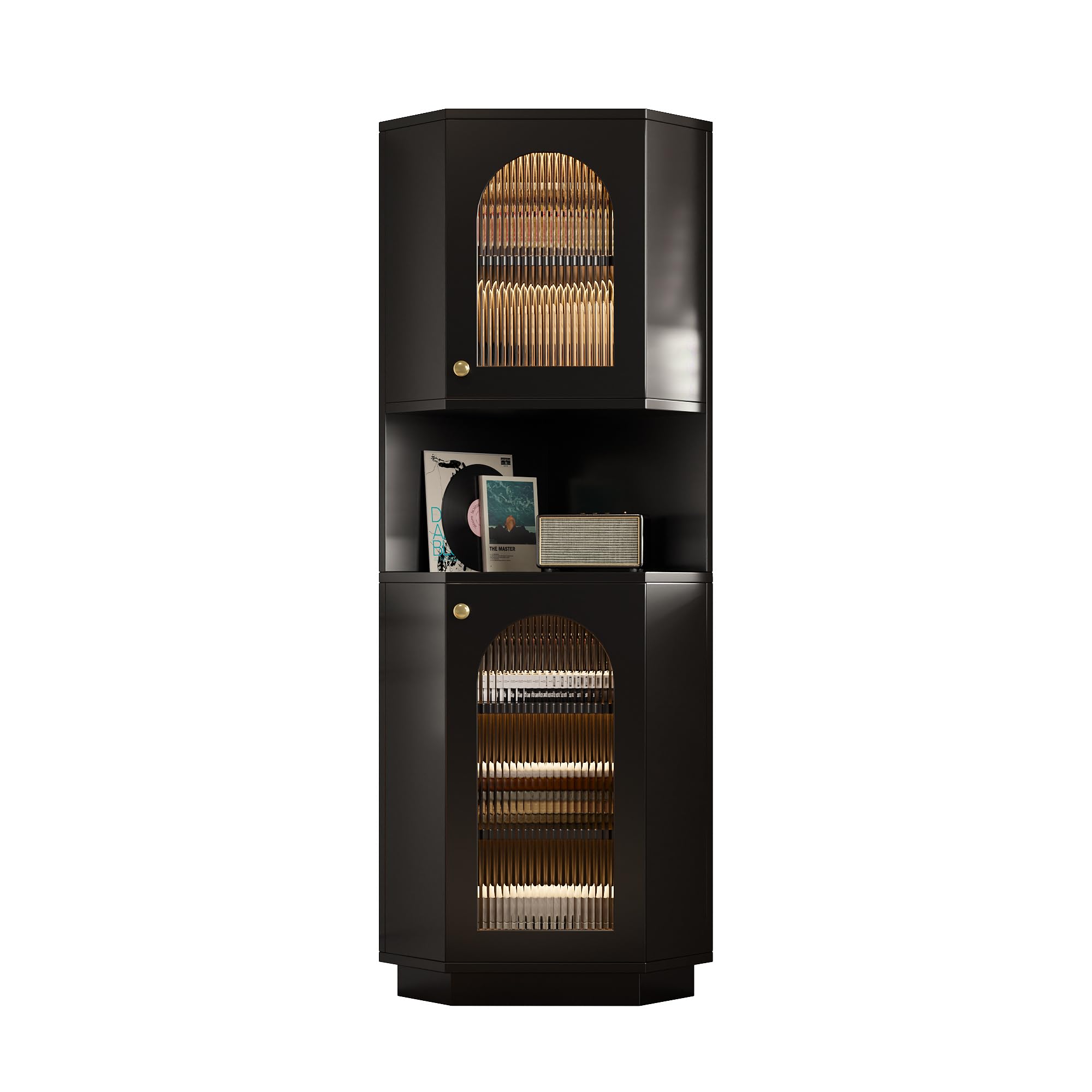 Merax Meuble de coin avec éclairage LED - Étagère d'angle avec 2 compartiments de rangement, meuble de salle de bain avec étagères réglables, pour salon, salle de bain, Noir, 45x45x166,5 cm