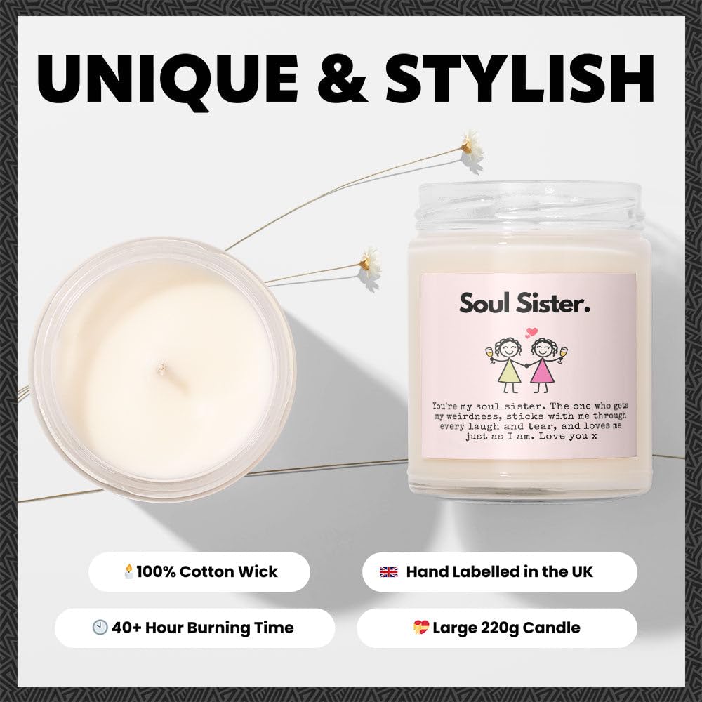 Soul Sister Gifts - Luxury Soy Wax Candle - Vanilla, Jasmine, Sugared Almond - Makester, White, 220g - Image 3