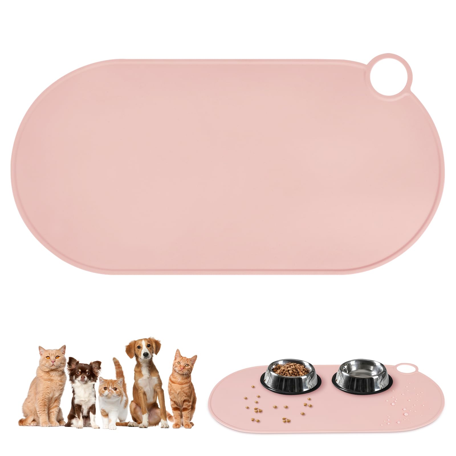 Adiwo Bowl Mat for Dog and Cat, Waterproof Dog Placemat with Hole, Premium Silicone, Anti-Slip and Quick Dry, Easy to Clean, Pet Placemat for Messy Drinkers to Protect Floors (50x25cm, Pink)