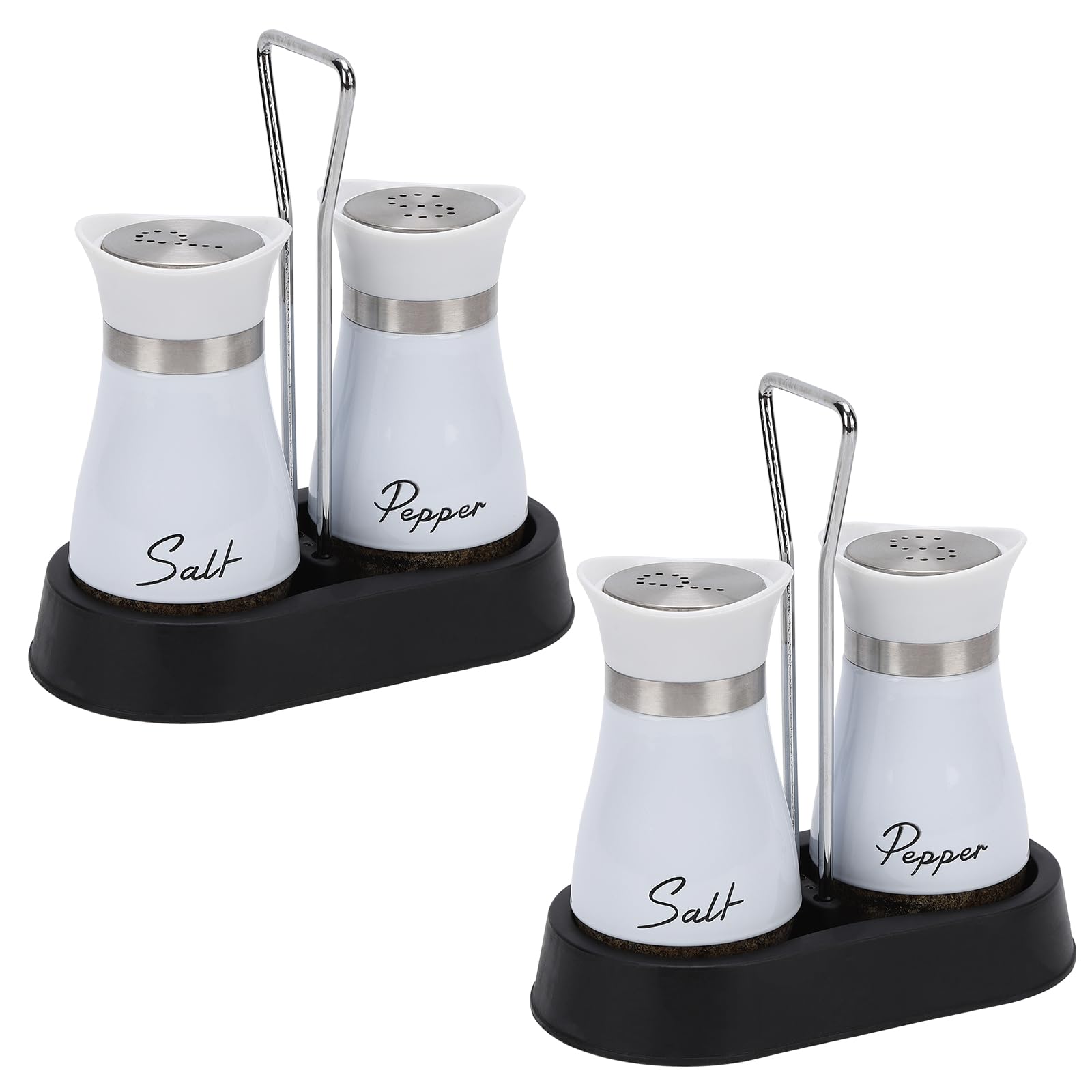 Salz und Pfefferstreuer Set, Salz und Pfefferstreuer Set mit Halter, 4 Stück Edelstahl und Glasflasche Edelstahl Salzstreuer zum Kochen Grillen BBQ (Weiß)