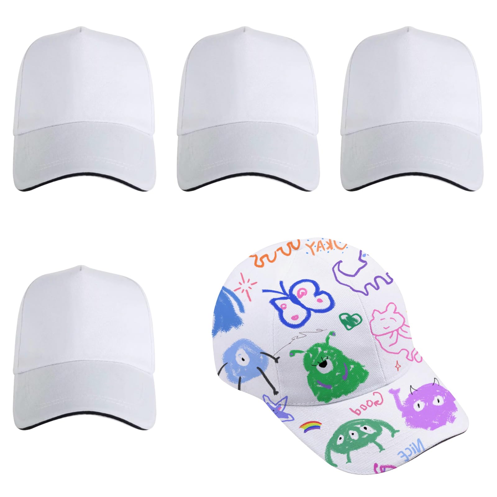 BouGPeng 5 Gorras de Béisbol Niños Sombrero de Béisbol Blanco Creativos Arte Pintura de la Pintada de DIY Sombreros Playa Sol Visor Sombreros para Deportes al Aire Libre