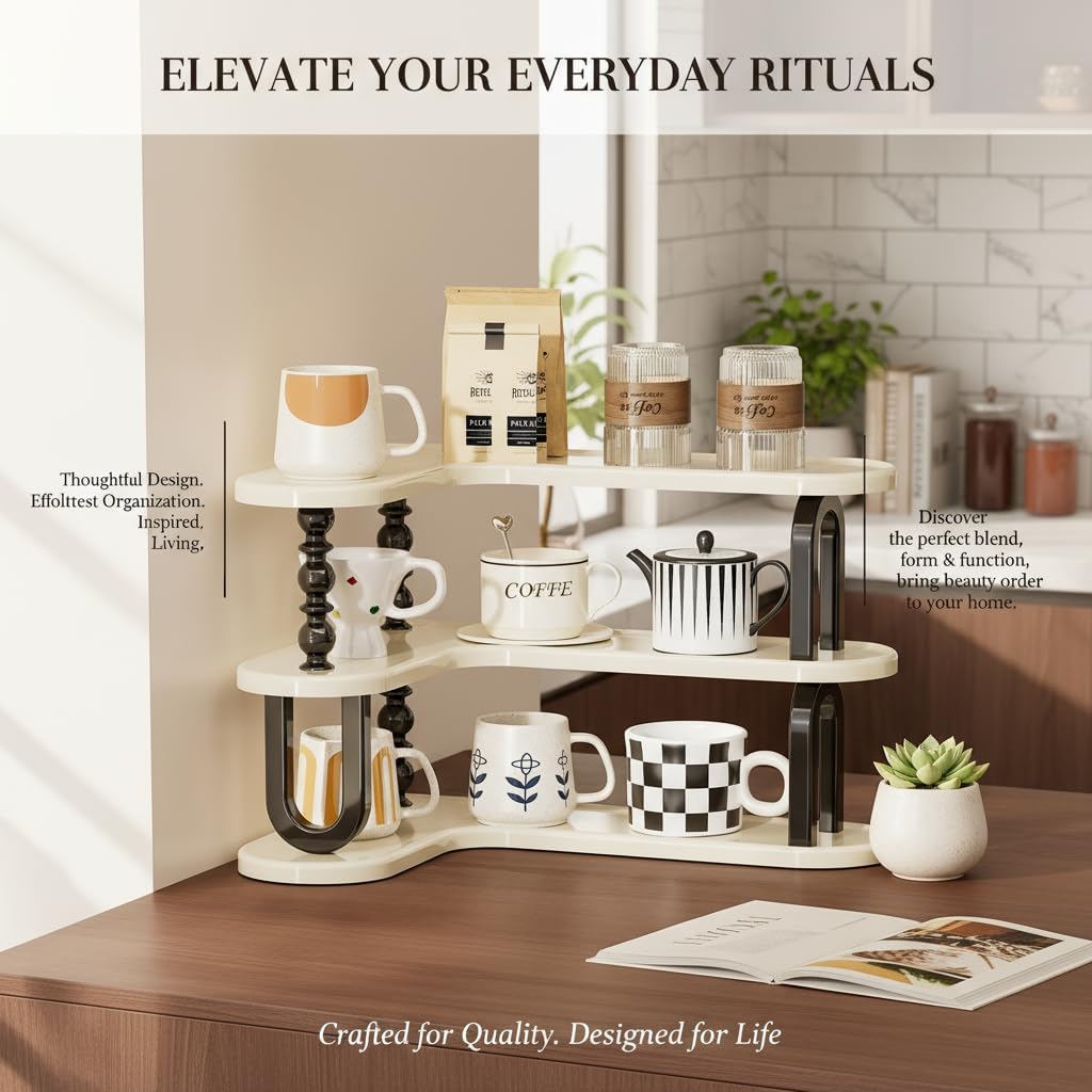 Multi-Functional Right-Angle Kitchen Cup Storage Rack, Drainable Cup Holder with Tea Bag and Coffee Organizer Shelf for Water, Tea, Coffee Cups