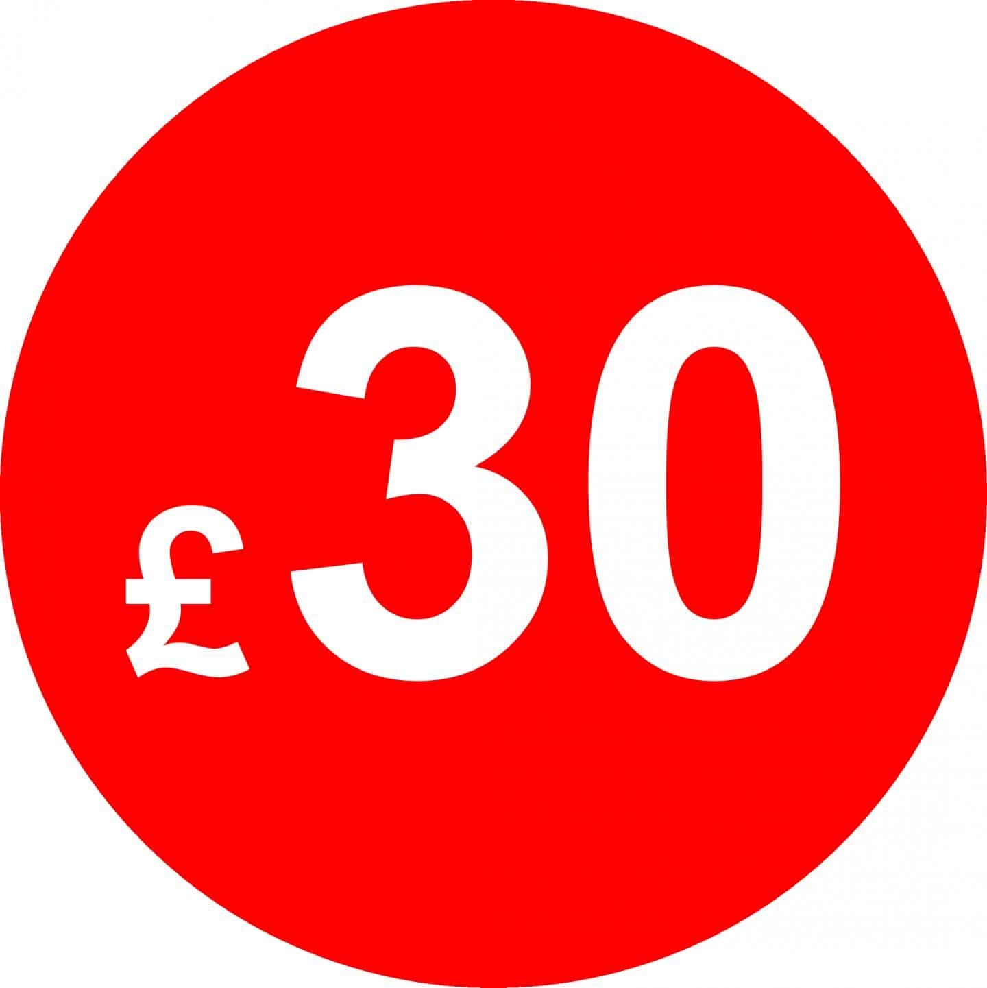 £ Red Price Stickers - 45mm, £30, 5000