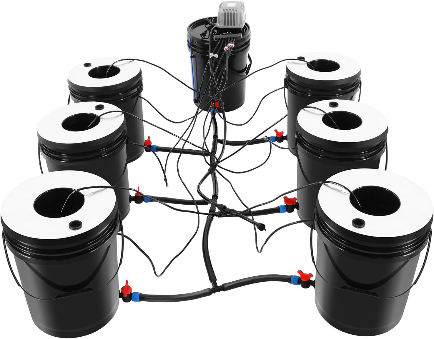 Top Feed Drip Hydroponics Systems, 5-Gallon Hydroponics Growing System Kit 6 Buckets + Reservoir Recirculating Deep Water Drip Grow System with Water Pump Air Pump