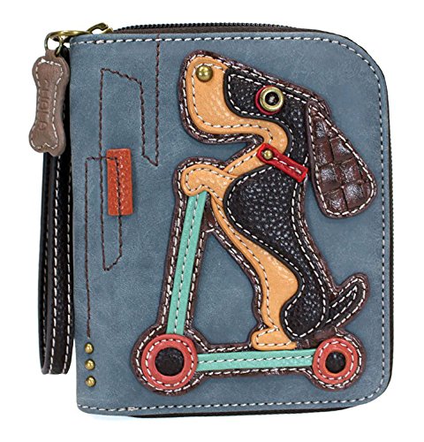 Chala Zip Around Wallet, Wristlet, 8 Credit Card Slots, Sturdy Pu Leather - Scooter Dog - Indigo, Small #TOP4