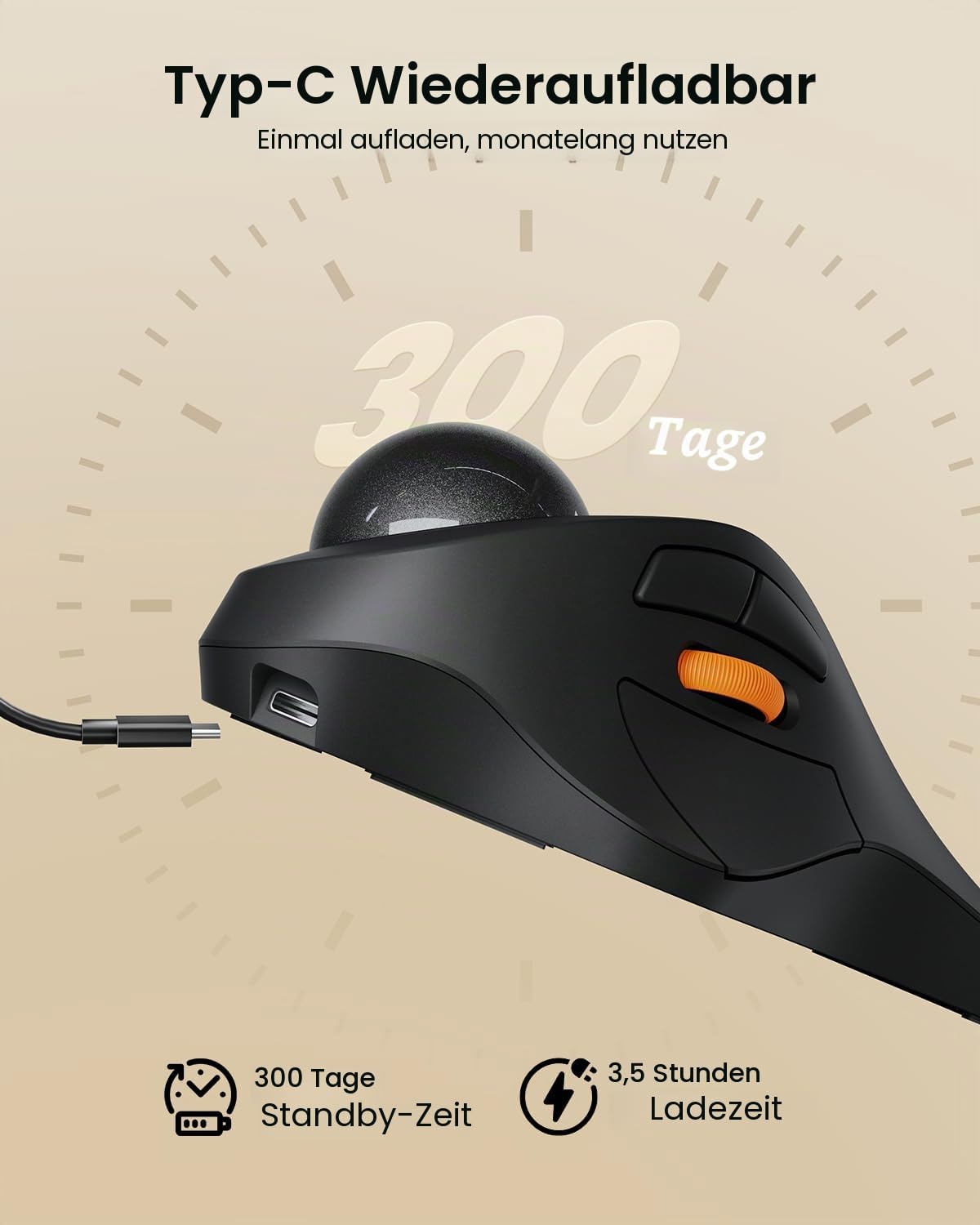 ProtoArc Kabellose Bluetooth Trackball Maus, EM03 NL Wiederaufladbare Ergonomische Trackball Mouse mit Fingerbedienung, 2.4G & Dual-Bluetooth Multi-Geräte für PC, Mac, Windows Büroarbeit - Schwarz
