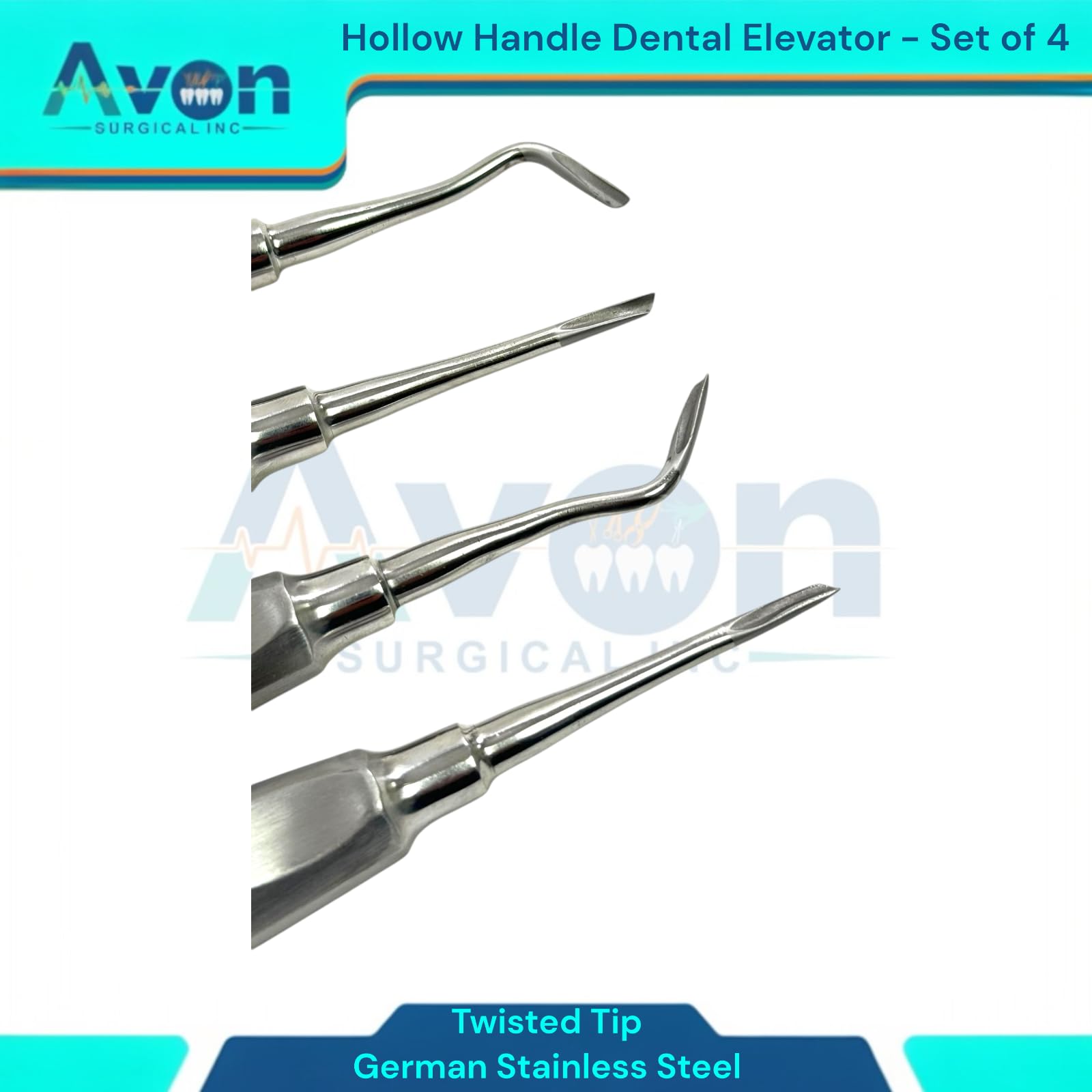 4 Pack - Dental Elevators with Twisted Tips, Clockwise, Counter-Clockwise, Straight - Tooth Extraction Dental Instruments - German Stainless Steel Premium