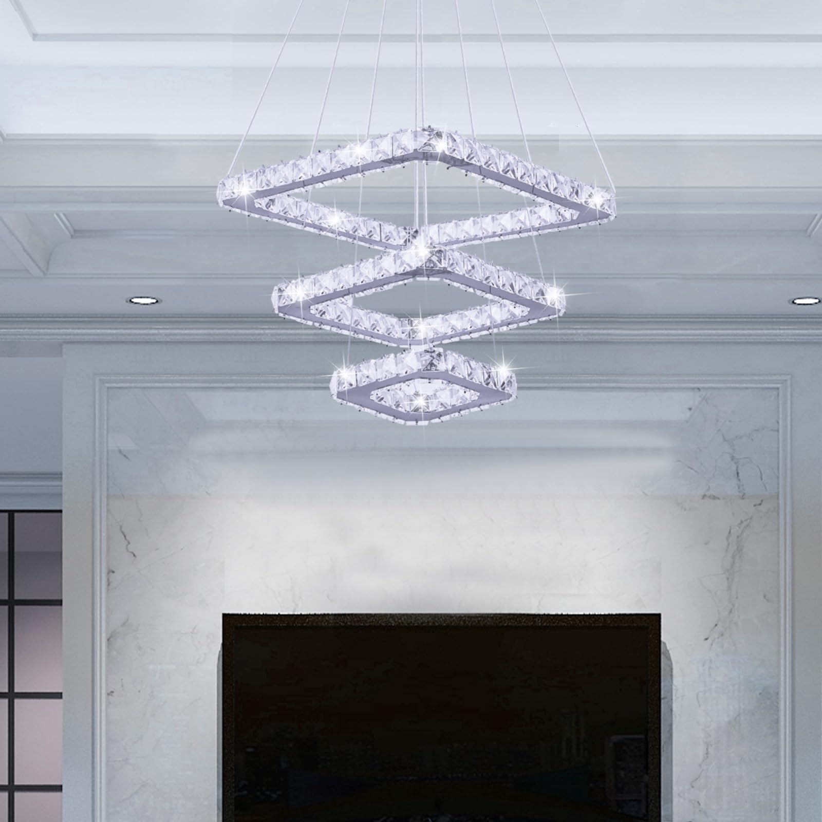 Kristall-Kronleuchter, moderner LED-Kronleuchter, 3-Ring-Kronleuchter, verstellbare Deckenleuchte, Pendelleuchte, Edelstahl, Hängeleuchten für Wohnzimmer, Esszimmer, Badezimmer, Schlafzimmer, kaltweiß