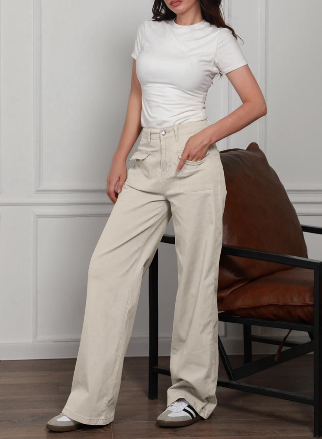 Dokotoo Women's Cargo Baggy Wide Leg High Waist Casual Stretch Pants