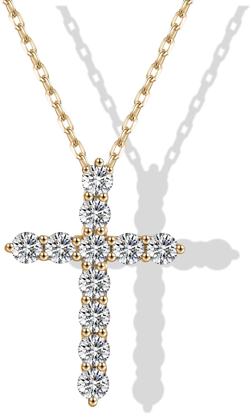 SugarTangMoissanite Cross Necklace for Women, Gold or Silver Cross Necklaces for Mom, Sterling silver Diamond Cross Necklaces for Men, Cross Faith Pendant Necklace for Father's Day (Gold)